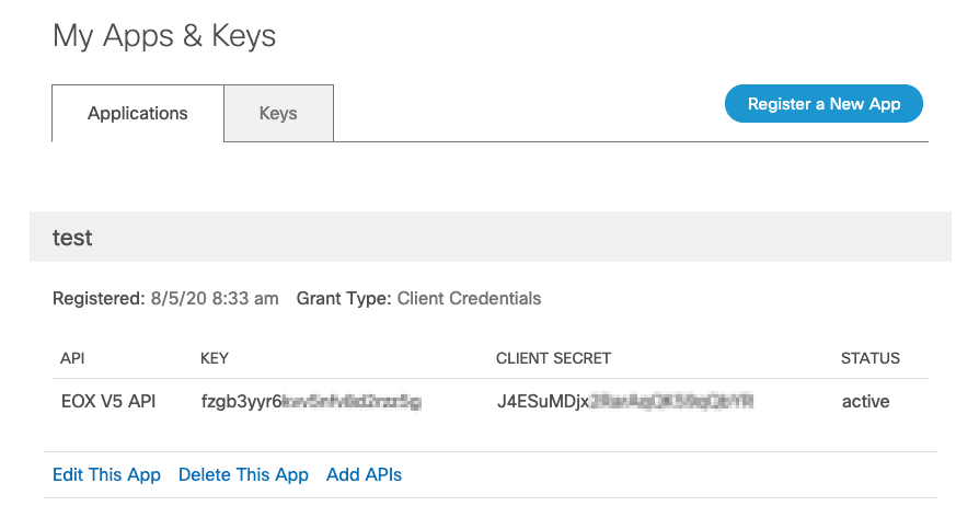 Cisco API Console - Apps & Keys